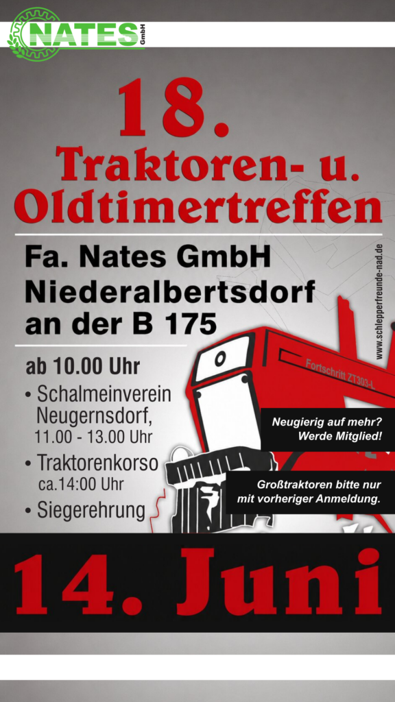 Einladung zum 18. Oldtimer- und Traktorentreffen von 10:00 Uhr bis ca. 16:00 am 14. Juni 2026 in Niederalbertsdorf.