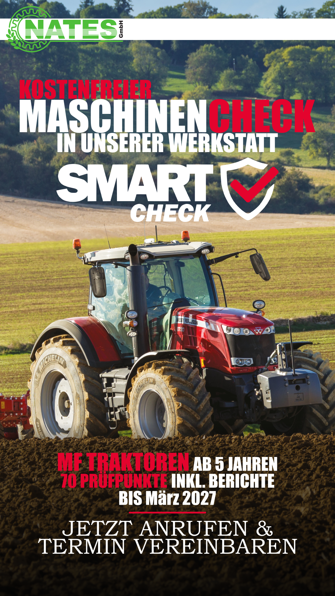 Start des kostenfreien SMART Checks in unserer Werkstatt für MF Traktoren mit einem Mindestalter von 5 Jahren. Erhältlich bis März 2027. Kontaktieren Sie uns für einen Termin.