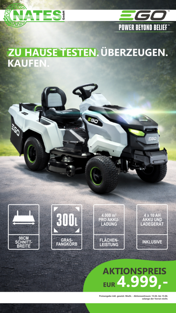 Produktvorstellung des EGO Rasentraktors zum Aktionszeitraum 15.04.2026 bis 15.06.2026.