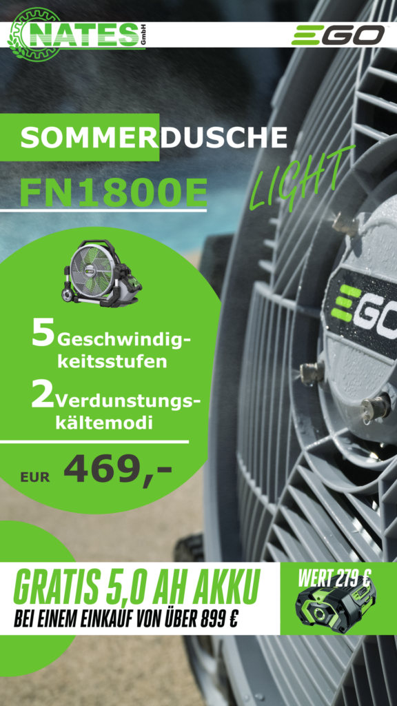 Der Ventilator der Firma EGO mit 5 Geschwindigkeitsstufen und 2 Verdunstungskältemodi.