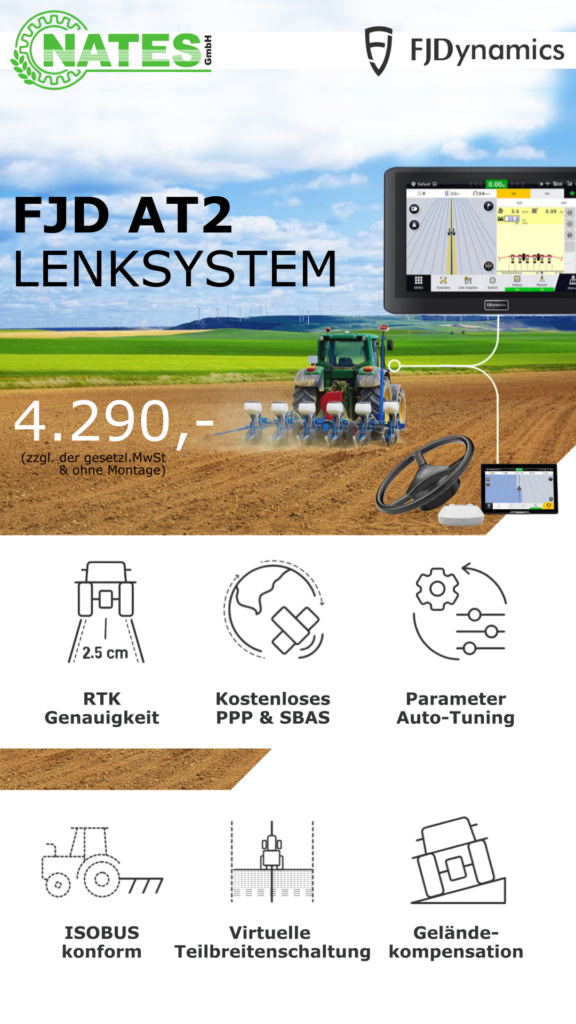 Vorstellung des FJD AT2 Lenksystems für traktoren, welches man bei uns kaufen kann. Es ist RTK genau.