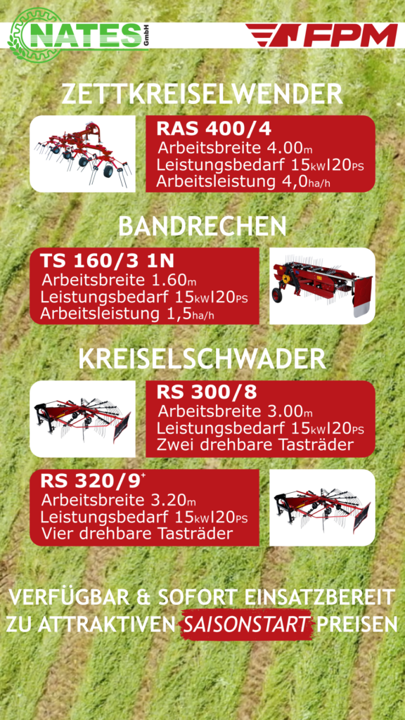 Produktübersicht von Wendern, Rechnen und Schwadern der Firma FPM. Der Zettkreiselwender RAS 400/4, der Bandrechen TS 160/3 1N, der Kreiselschwader RS 300/8 und der Kreiselschwader RS 320/9+.