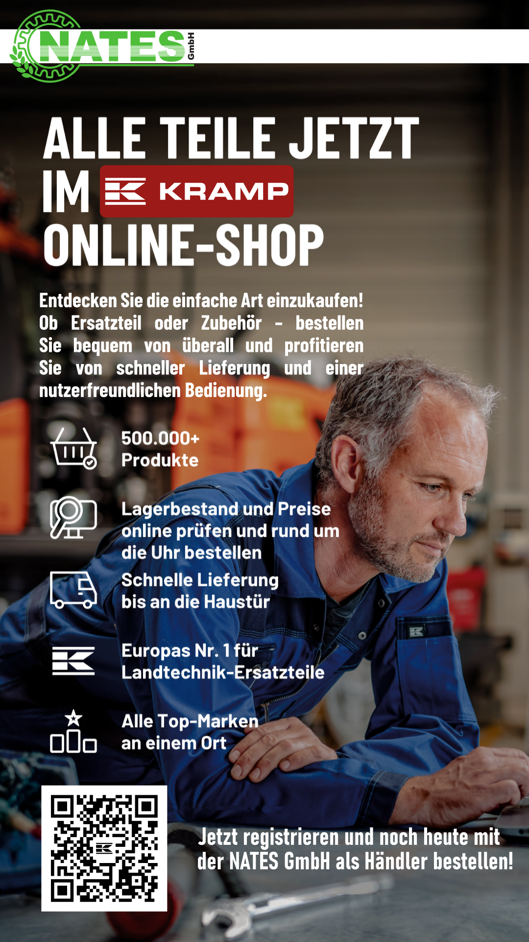 Werbung für den neuen Krmap-Onlineshop. Ersatzteile können mit der NATES GmbH als Händler bequem von zu Hause bestellt werden. Die Registrierung erfolgt über den QR-Code.