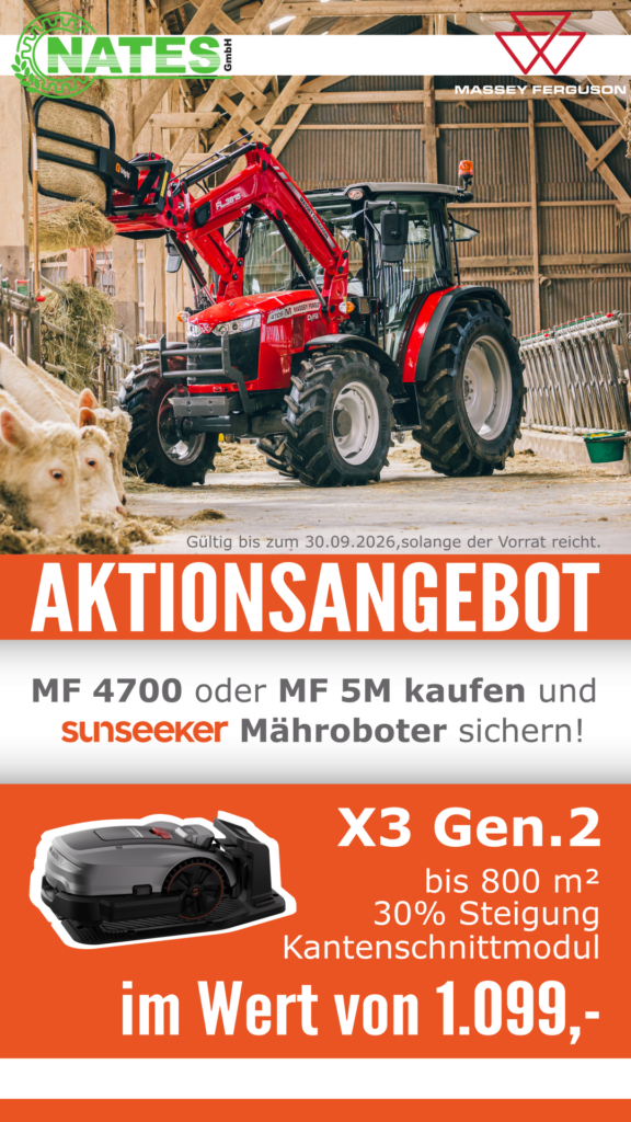 Aktionsangebot bis zum 30.09.2026. Beim Kauf eines Massey Ferguson 4700 oder 5M gibt es einen Sunseeker Mähroboter X3 Gen. 2 gratis dazu.