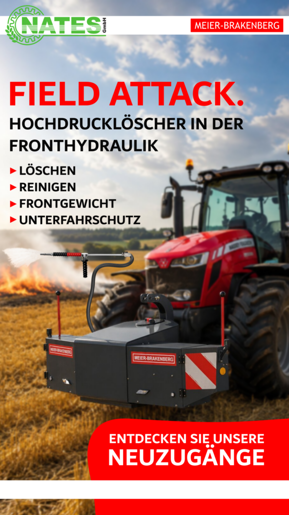 Zu sehen ist das FIELD ATTACK Löschsystem von MEIER-BRAKENBERG mit einem Hochdrucklöscher ind er Fronthydraulik.