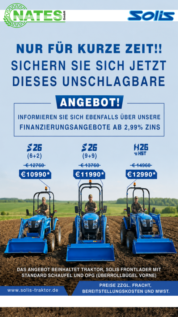 Finanzierungsangebot für Solis Kleintraktoren ab 2,99% Zins.