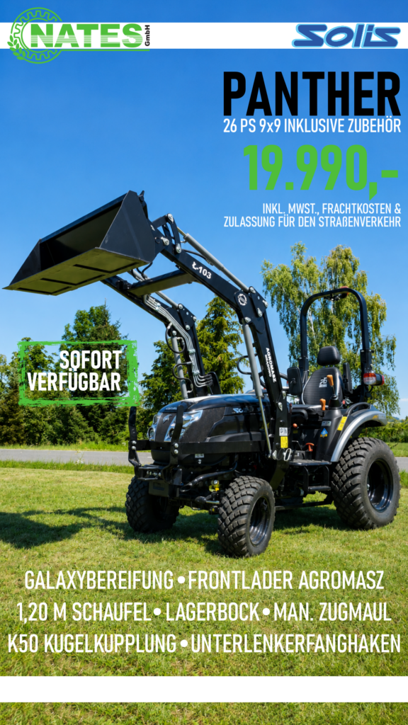 Solis 26 Panther 9x9 sofort verfüfbar mit Frontlader, Schaufel und Zubehör.