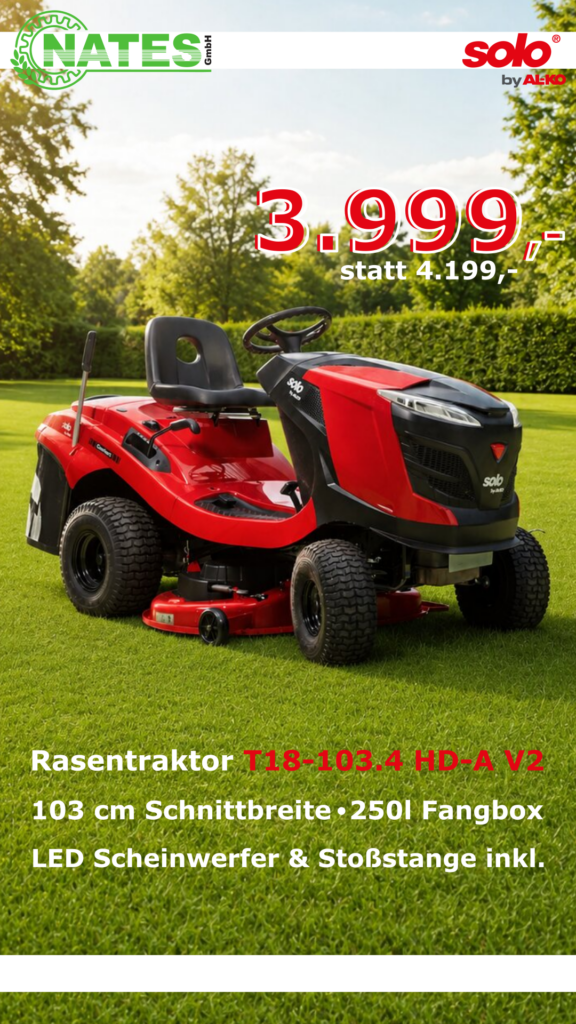 Produktvorstellung des Solo by AL-KO Rasentraktors T18-103.4 HD-A V2 für 3.999 Euro.