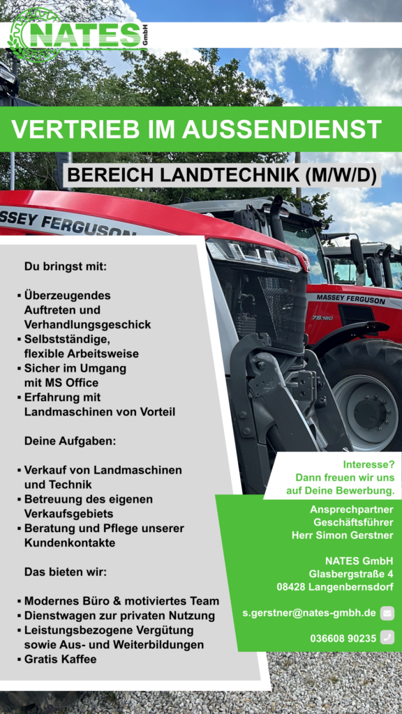 Stellenausschreibung für Außendienstmitarbeiter Bereich Landtechnik.