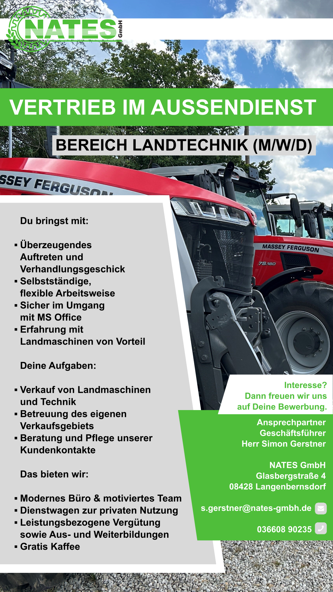 Stellenausschreibung für Außendienstmitarbeiter Bereich Landtechnik.