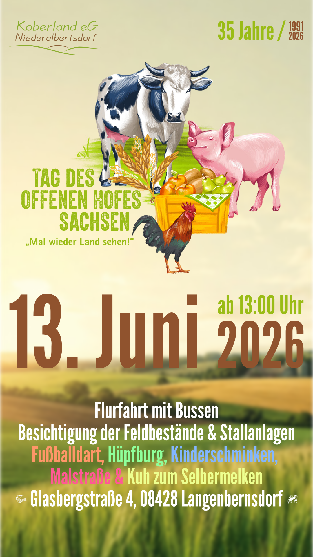 Einladung zum Tag des offenen Hofes & 35 jähriges Jubiläum der Koberland eG von 13:00 Uhr bis ca. 16:00 am 13. Juni 2026 in Niederalbertsdorf.