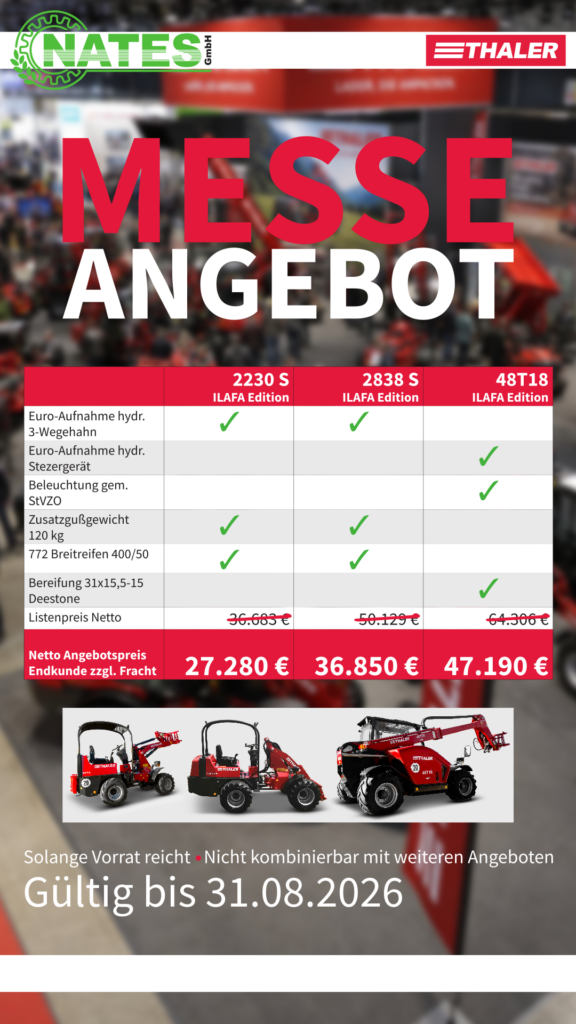 Eine Messewerbung von der Firma THALER mit Angeboten bis zum 31.08.2026.