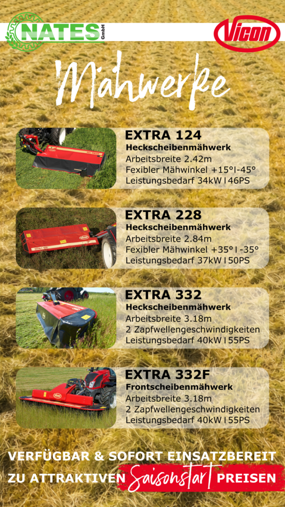 Produktübersicht von Mähwerken der Firma Vicon. Das Heckscheibenmähwerk EXTRA 124, das Heckscheibenmähwerk EXTRA 228, das Heckscheibenmähwerk EXTRA 332 und das Frontscheibenmähwerk EXTRA 332F.
