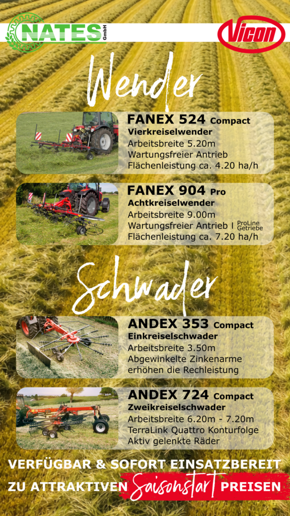 Produktübersicht von Wendern und Schwadern der Firma Vicon. FANEX 524, FANEX 904, ANDEX 353 und ANDEX 724.