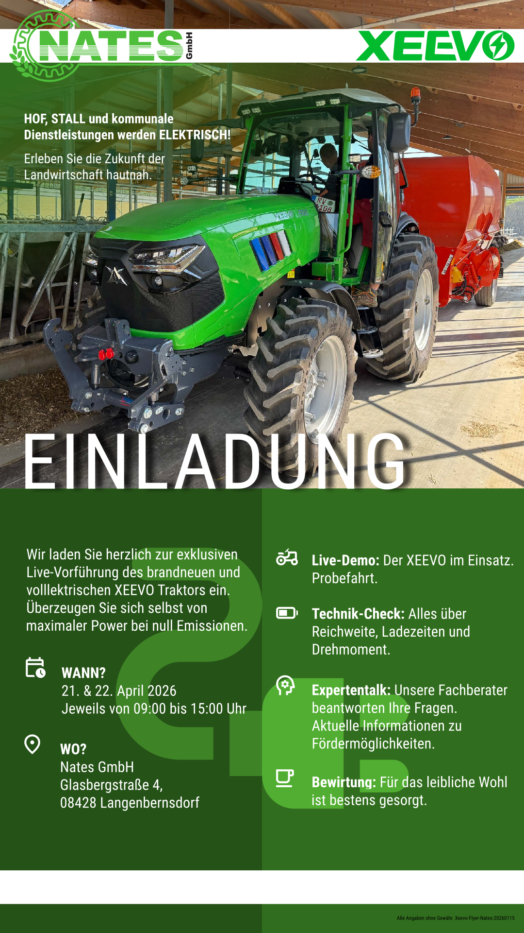 Flyer zu einer Produktvorstellung des vollelektrischen Traktors von Xeevo.